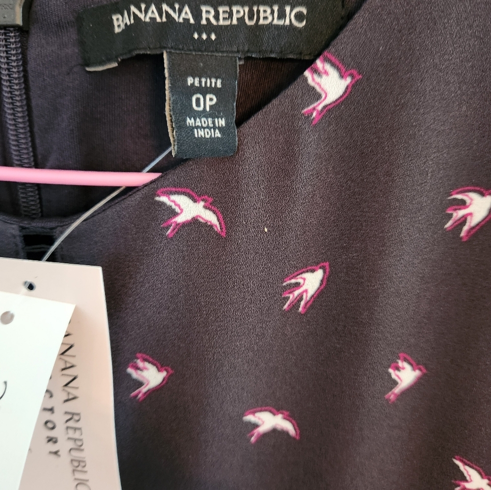 NWT Banana Republic Gray Dress with White and Pink Birds.  Beautiful pattern. - Picture 3 of 5